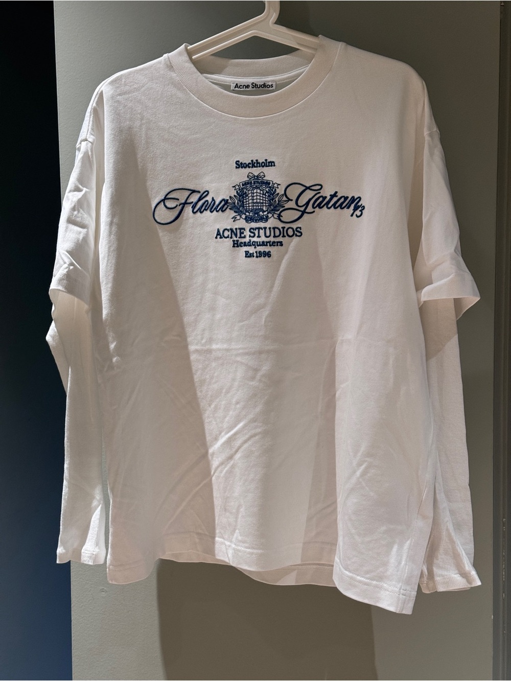 Acne Studios White Long-Sleeve Tee with Navy embroidery logo